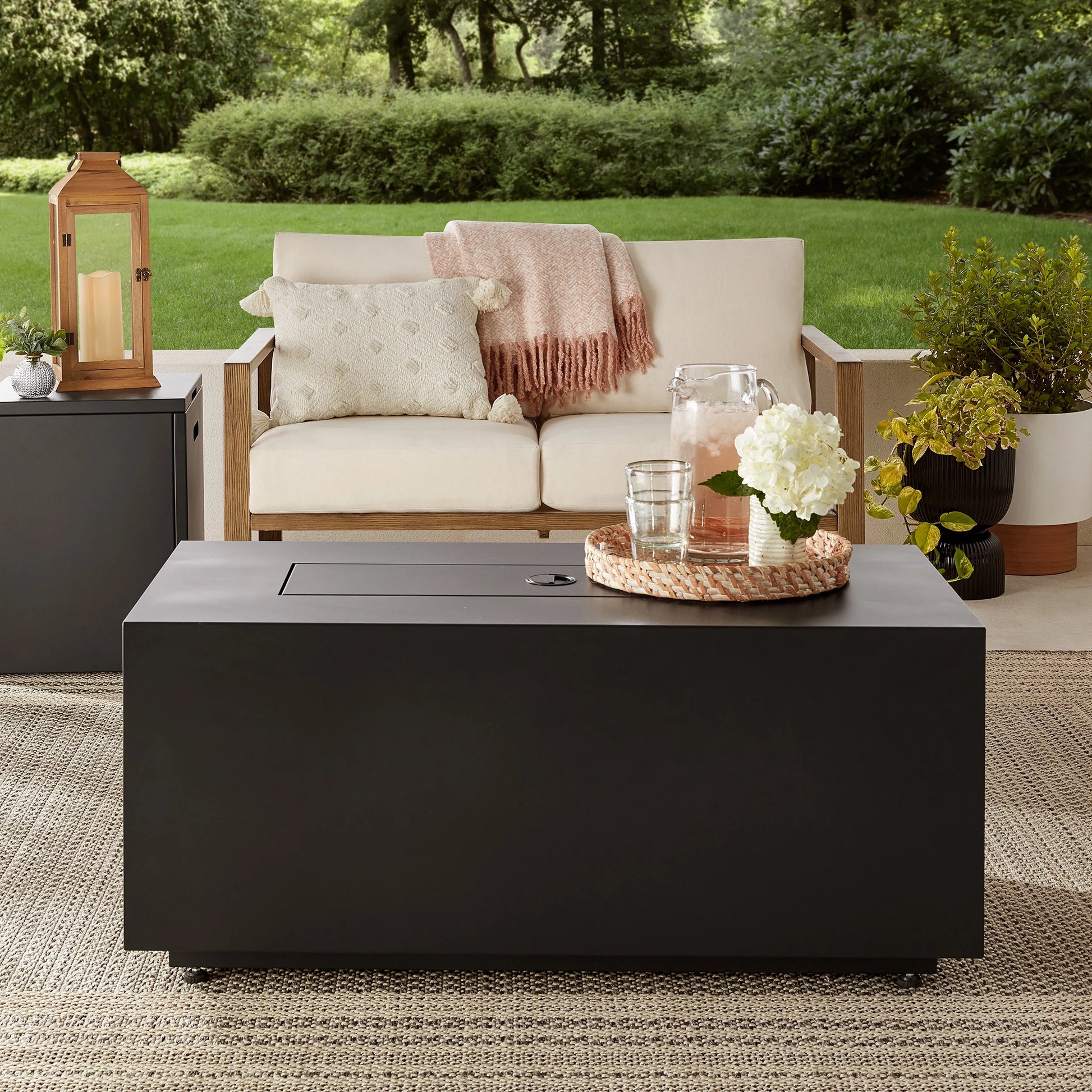 42" Rectangle Black Finish Modern Steel Fire Pit: 42" X 20" 50000 BTU Propane Fire Pit Table with Lid, Tank Hideaway and Cover