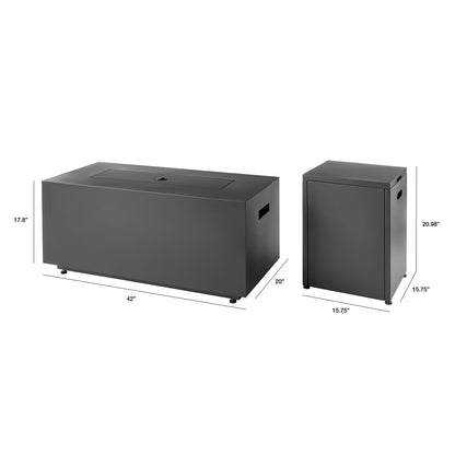 42" Rectangle Black Finish Modern Steel Fire Pit: 42" X 20" 50000 BTU Propane Fire Pit Table with Lid, Tank Hideaway and Cover
