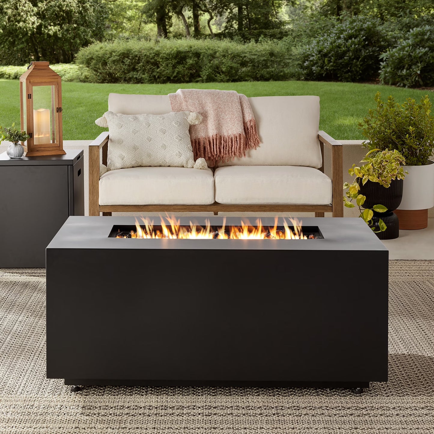 42" Rectangle Black Finish Modern Steel Fire Pit: 42" X 20" 50000 BTU Propane Fire Pit Table with Lid, Tank Hideaway and Cover