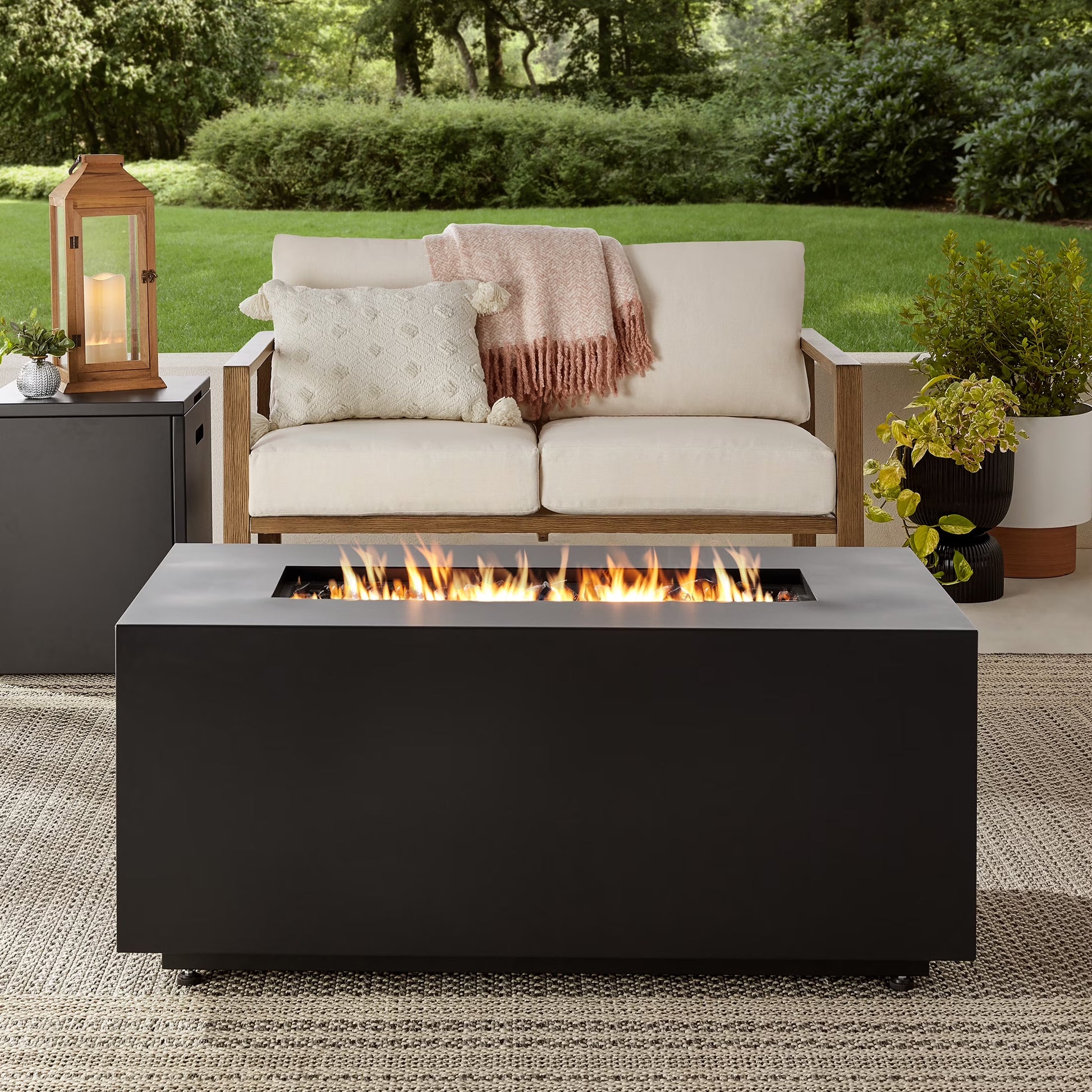 42" Rectangle Black Finish Modern Steel Fire Pit: 42" X 20" 50000 BTU Propane Fire Pit Table with Lid, Tank Hideaway and Cover